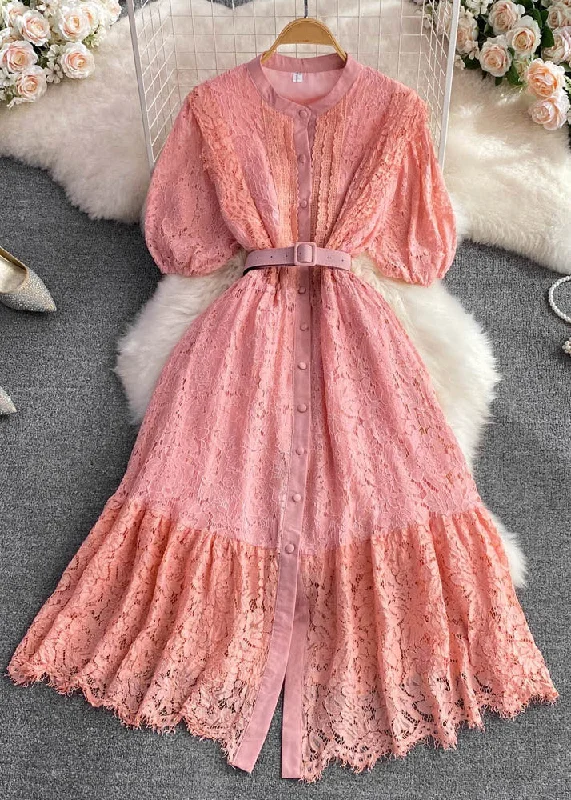 Women's Outfit For The Office Spring Fashion Unique Pink O-Neck Sashes Button A Line Maxi Dress Short Sleeve
