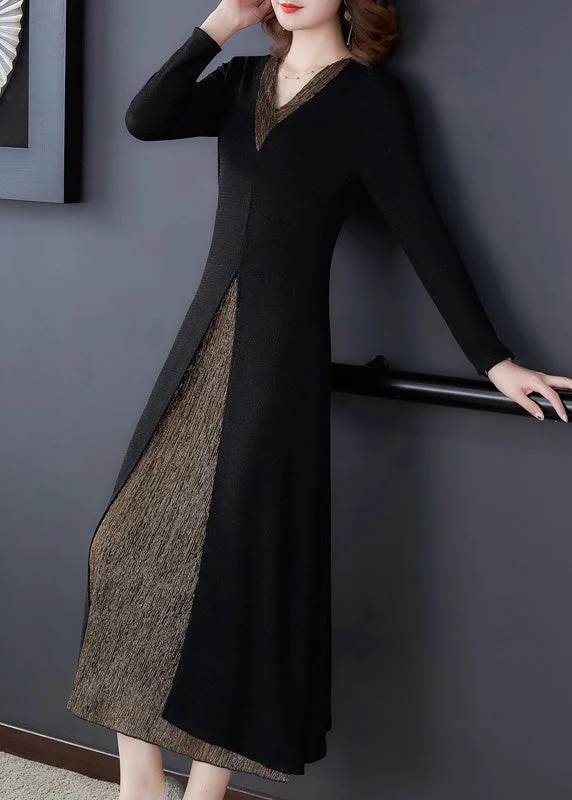 Women's Vacation Outfit Set Trendy Styles Slim Fit Black V Neck Patchwork Fake Two Pieces Maxi Dress Long Sleeve