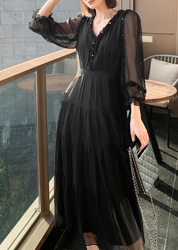 Women's Chic Outerwear Outfit Fashion Forward Classy Black V Neck Patchwork Tunic Button Solid Vacation Maxi Dresses Long Sleeve