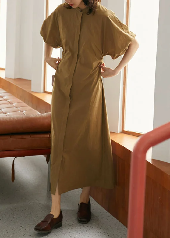 Women's Evening Wear Attire Budget Friendly Light Green Wrinkled Button Cotton Holiday Maxi Dress Half Sleeve