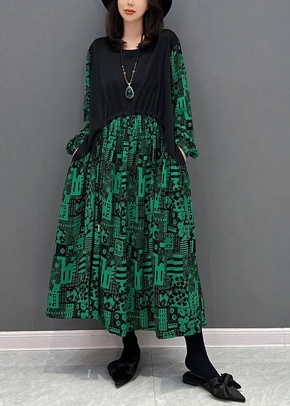 Women's Weekend Outfit Trendy Women's Collection Boho Green O-Neck Patchwork Drawstring Cotton Maxi Dresses Fall