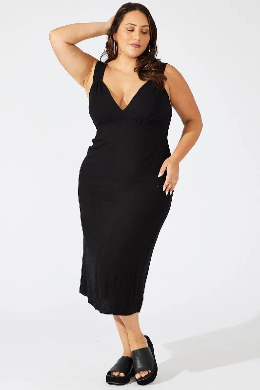 Women's Clothing Outfit Set Chic Trend Collection Black Slip Dress Sleeveless Linen Blend