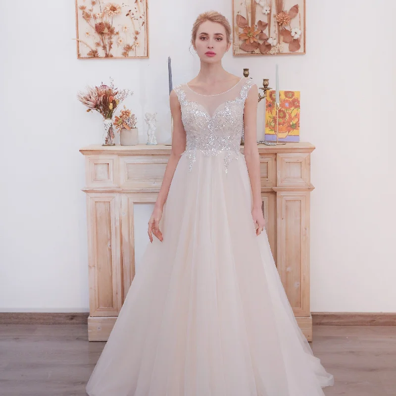Women's Night-Out Outfit Feminine Flow Illusion Back A-line Wedding Dress with Heavy Beading