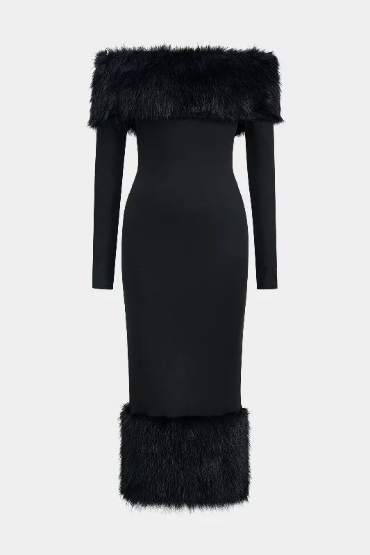 Vintage-Inspired Garments Graceful Drape Feather Off Shoulder Long Sleeve Maxi Dress