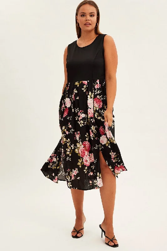 Classic Women's Clothing Styles Trendy Street Style Attire Print Cream Print Sleeveless Plain Bodice Long Dress