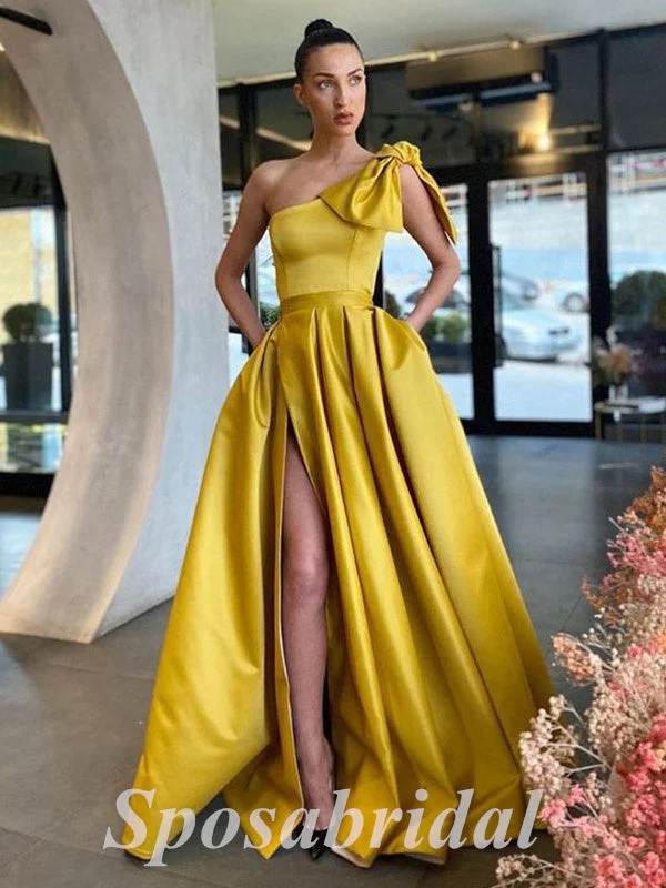 Comfortable Women's Clothing Great Deals On Ethnic Cultural Wear Sexy Satin One Shoulder Sleeveless Side Slit A-Line Long Prom Dresses With Pocket,PD3636