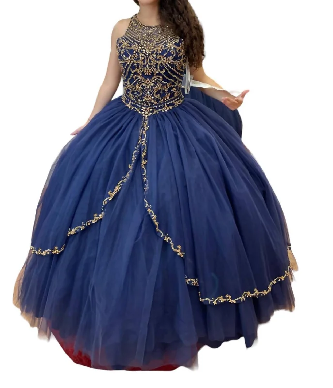 Affordable Women's Outfit Get The Latest Trends Sleeveless Quinceañera Dress In Navy/gold
