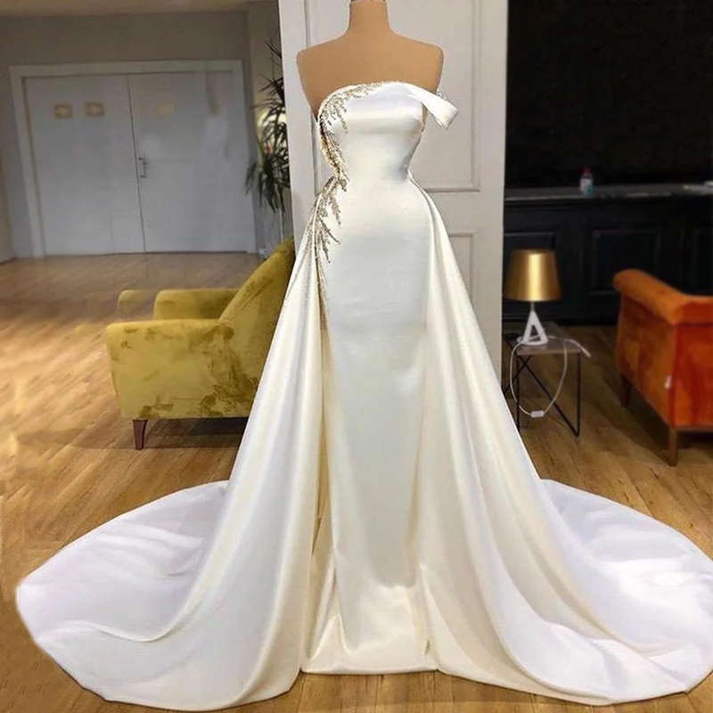 Women's Seasonal Garments Latest Fashion Charming Off White Satin Gorgeous Mermaid Prom Dresses PD2359