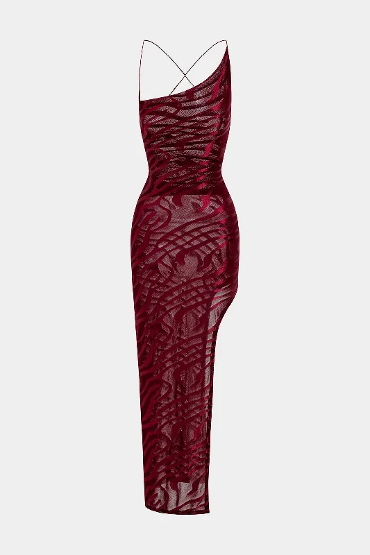 Women's Seasonal Attire Flowing Silhouette Mesh Tie Back Backless Slip Slit Maxi Dress