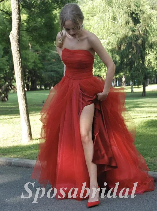 Vintage-Inspired Women's Clothes Coastal Beach - Inspired Style Sexy Tulle And Satin Sweetheart Sleeveless Side Slit A-Line Long Prom Dresses, PD3613