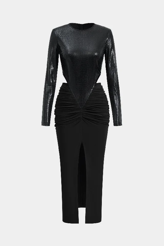 Women's Elegant Formal Outfit Bold Fashion Faux Leather  Patchwork Long Sleeve Maxi Dress