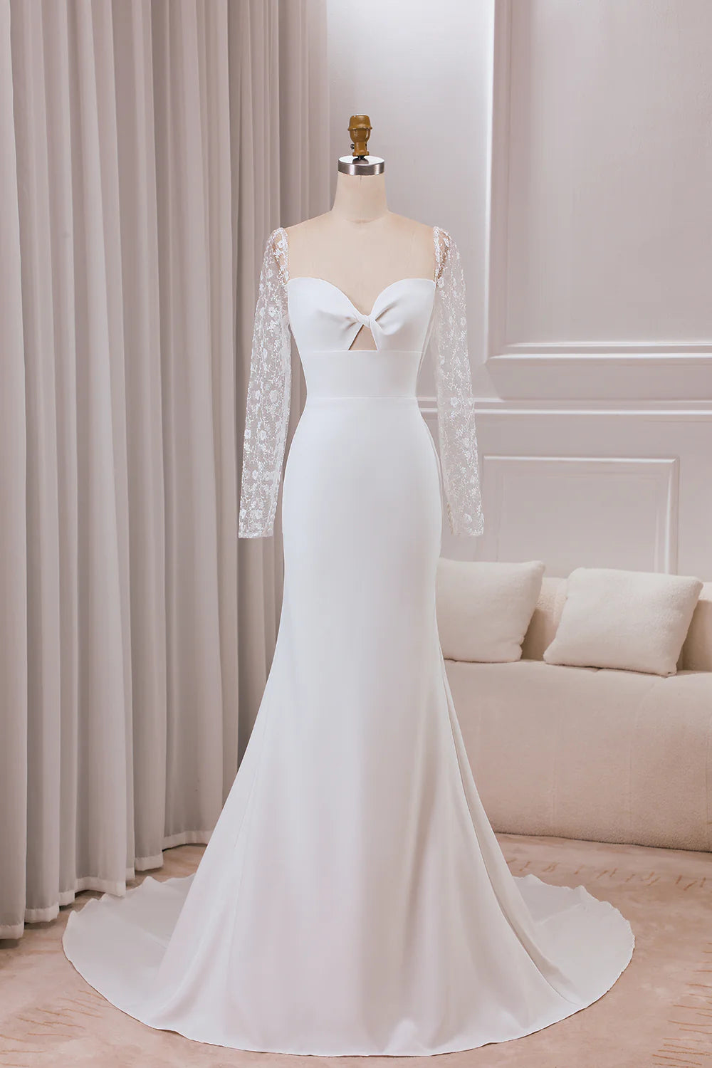 Women's Transitional Attire Fashion Sale DingJiDress Ivory Trumpet Sweetheart Neck Satin Bridal Dress with Lace Long Sleeves