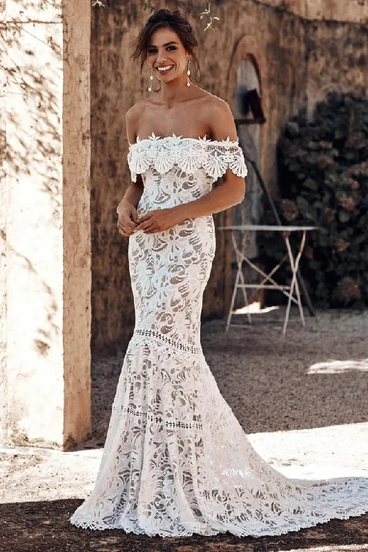 Women's Elegant Formal Outfit Luxury Fashion Charming Off the Shoulder Lace Bridal Dresses Boho Wedding Dresses Beach Wedding Dresses N2242