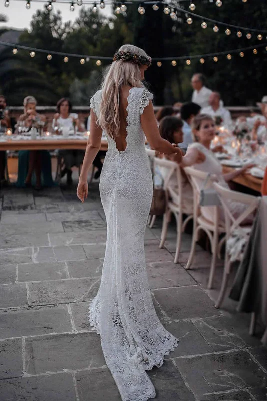 Women's Plus-Size Casual Outfit Elegant Clothing Boho Mermaid Lace Beach Wedding Dresses Cap Sleeve Bohemian Bridal Gown