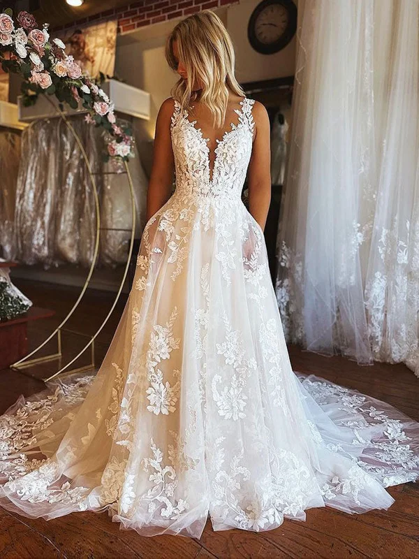 Women's Clothing Trendy Fashion For Women V Neck Open Back Ivory Lace Long Prom Wedding Dresses with Train, Ivory Lace Formal Evening Dresses SP2242