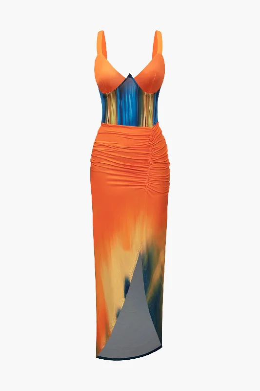 Women's Comfortable Apparel Score Big On Glamorous Red - Carpet Styles Tie Dye Print V-neck Ruched Maxi Dress