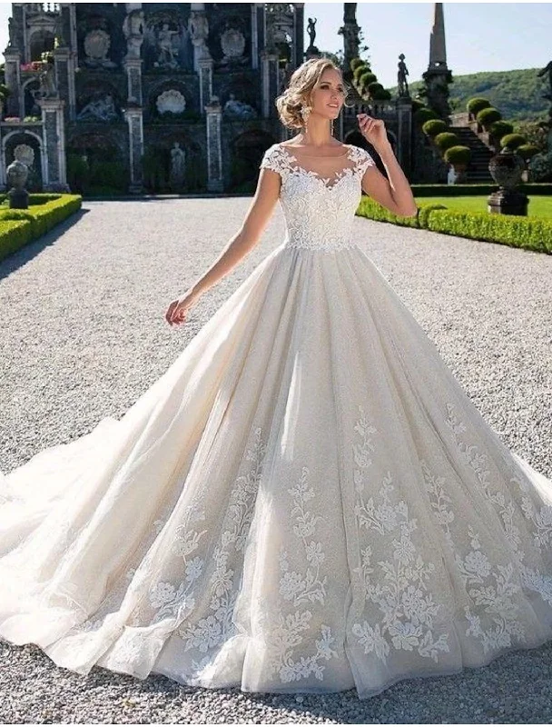 Women's Seasonal Wardrobe Clothing Best-Sellers Engagement Open Back Sexy Formal Wedding Dresses Chapel Train Cap Sleeve Lace With Appliques