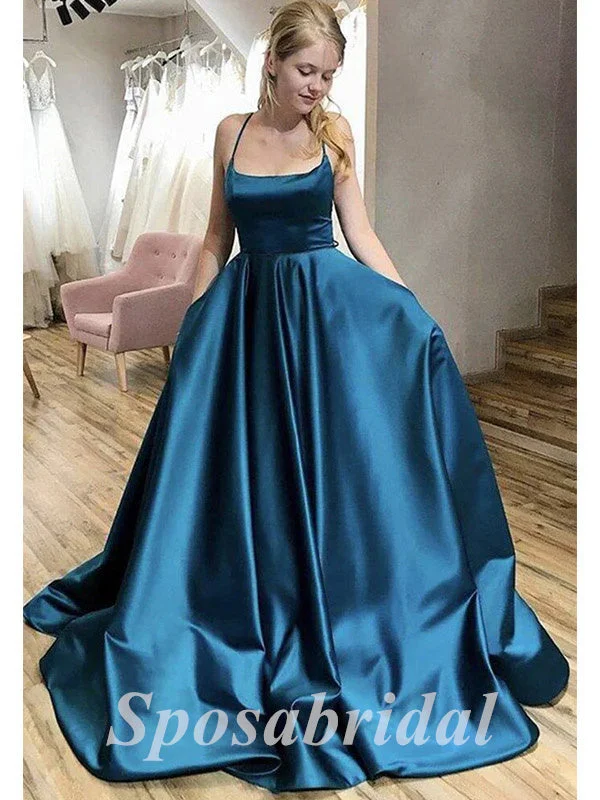 Women's Athletic Clothes Graceful Drape Sexy Soft Satin Spaghetti Straps V-Neck Sleeveless Lace Up A-Line Long Prom Dresses With Pocket, PD3582