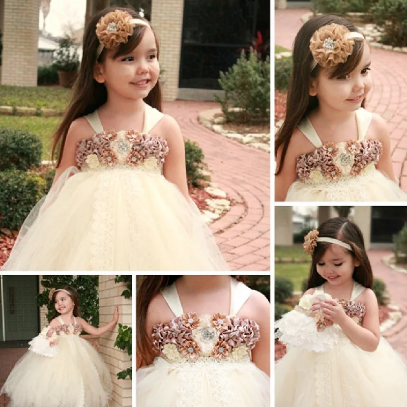 Casual Clothes For Women Flowy Fabric Ivory Tulle Lace Flower Girl Dresses With Satin Flowers, Lovely Cute Tutu Dresses, FG019