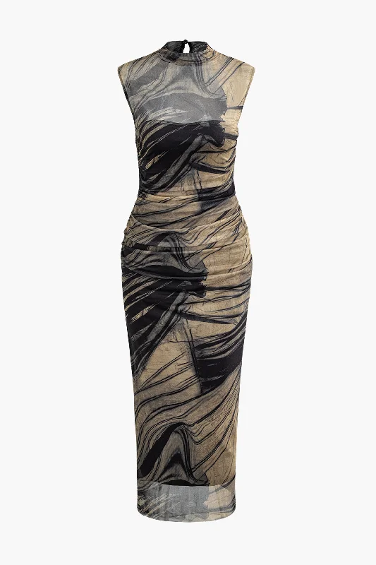 Women's Casual Attire Casual Fashion Abstract Print Mock Neck Mesh Ruched Sleeveless Maxi Dress