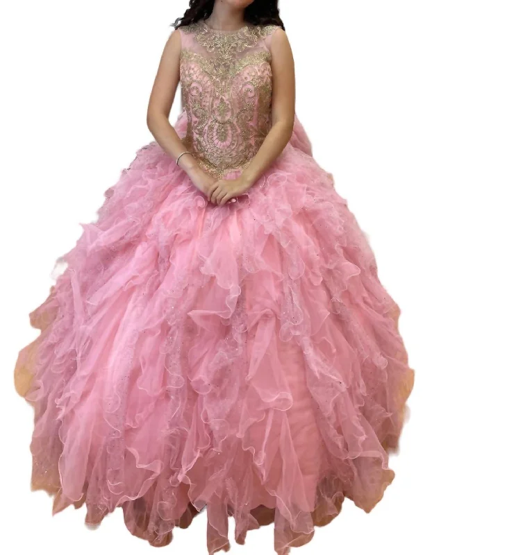 Women's Vacation Outfit Chic Trends For The Fashion Savvy Sleeveless Quinceañera Dress In Rose Pink/gold