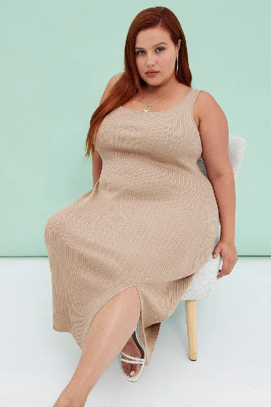 Trendy Athleisure Clothing For Women Dive Into Trendy Styles Beige Knit Dress Sleeveless Split Front Rib Midi