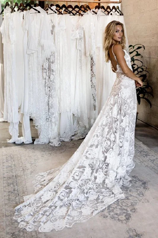 Women's High-Fashion Outfit Casual Fashion Spaghetti Straps Backless Lace Wedding Dresses Lace Boho Wedding Dresses N2212