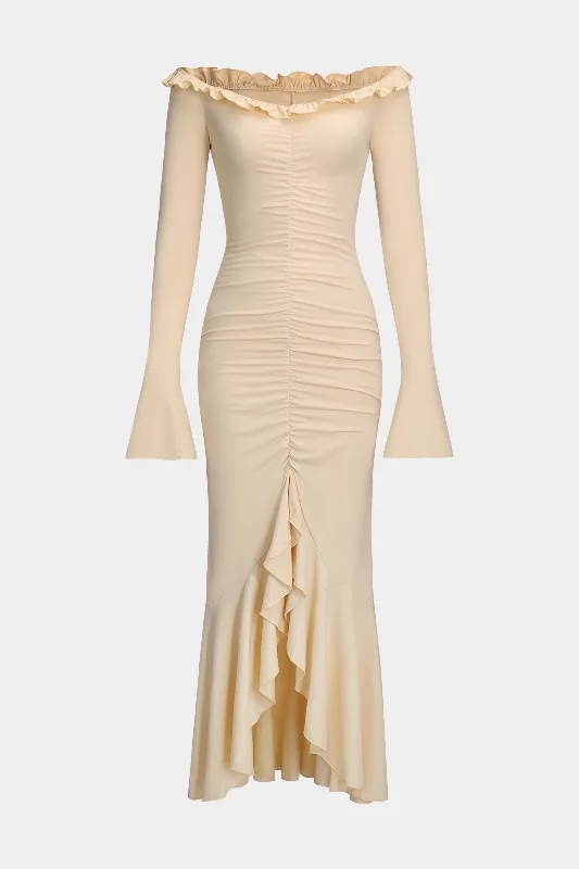 Women's Trendy Garments Effortless Comfort Ruffle Neck Off Shoulder Ruched Bell Sleeve Maxi Dress