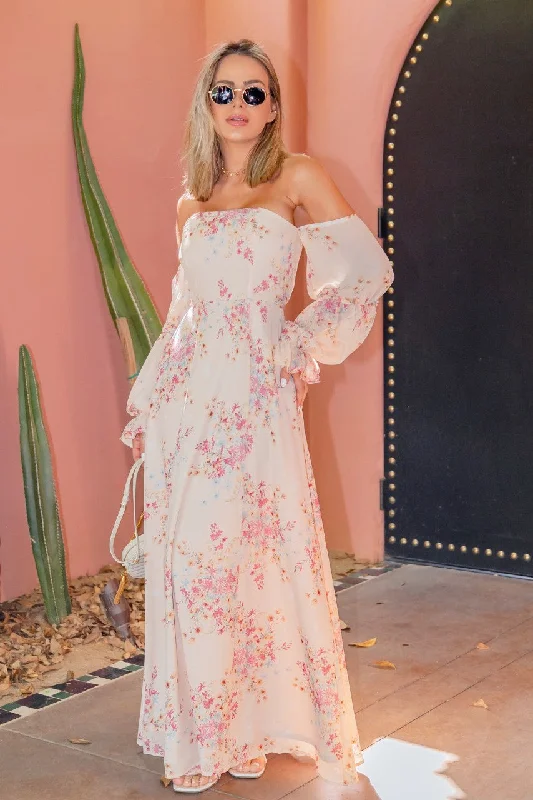 Stylish Savings Blush Print Chiffon Drop Sleeve Maxi