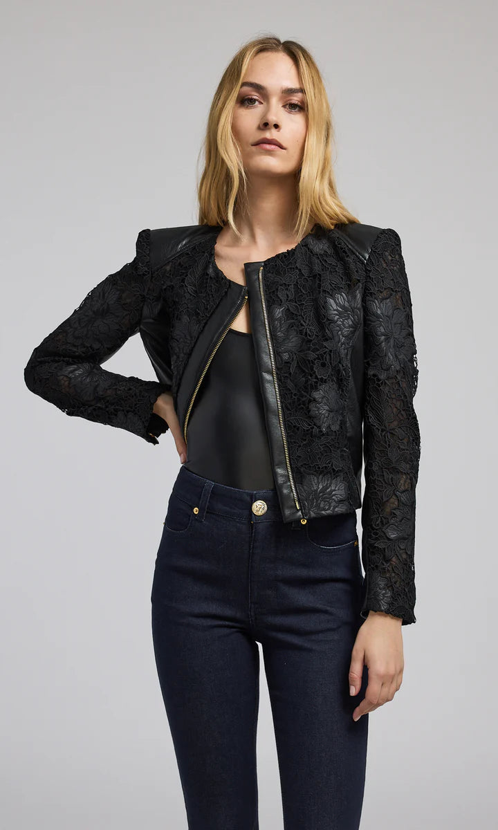 Women's Elegant Apparel Trend Alert Dalma Vegan Leather Guipure Jacket - Black