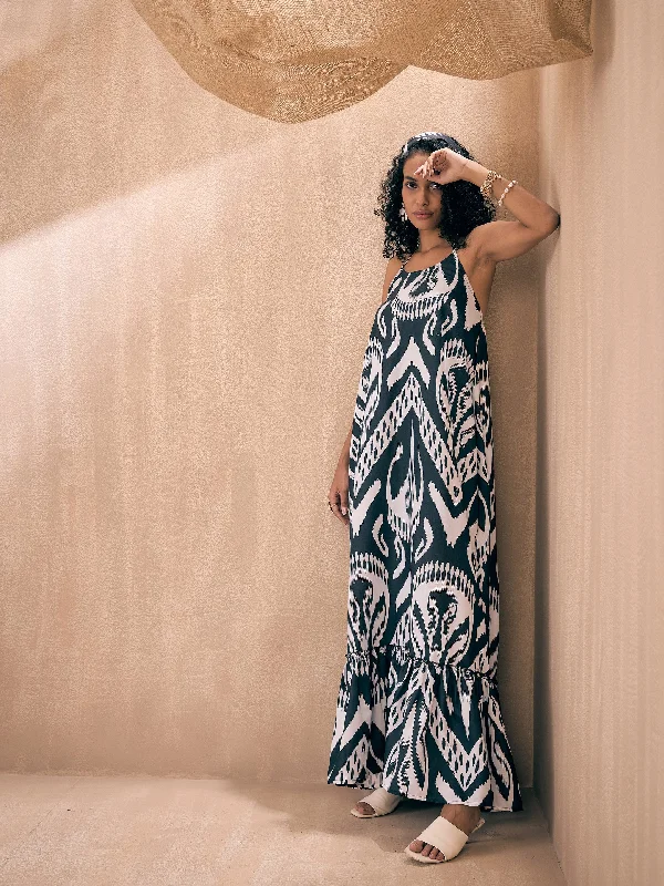 Charming Silhouette Women Black & White Ikat Halter Neck Loose Tiered Maxi