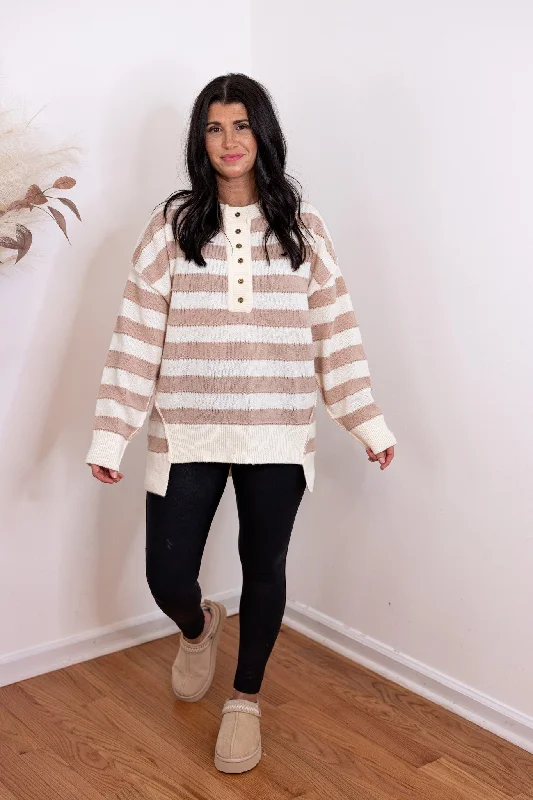 Women's Athleisure Apparel Modern Glamour Comfy Perfection Taupe Striped Sweater