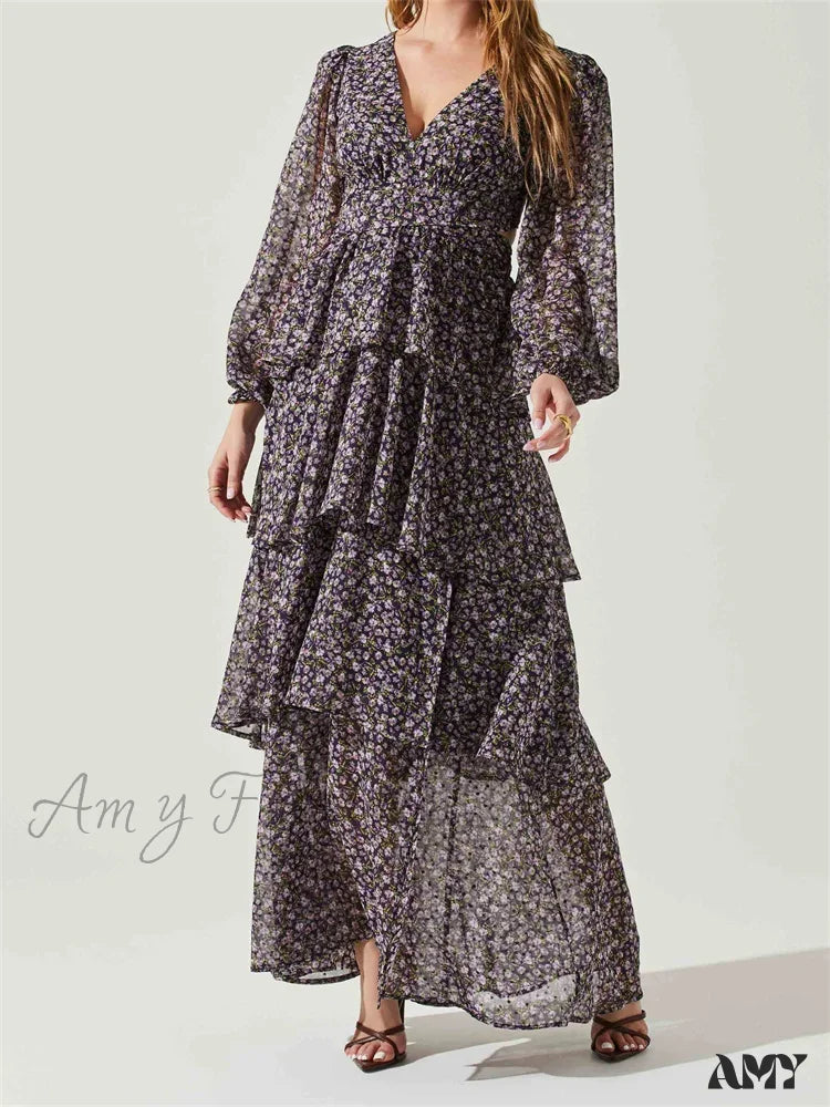 Dive Into Trendy Styles Amy Fashion - Women High Split Floral Print Puff Sleeve V Neck Layered Ruffles Hem Spring Fall Vestidos Dive Into Trendy Styles Amy Fashion - Women High Split Floral Print Puff Sleeve V Neck Layered Ruffles Hem Spring Fall Vestidos
