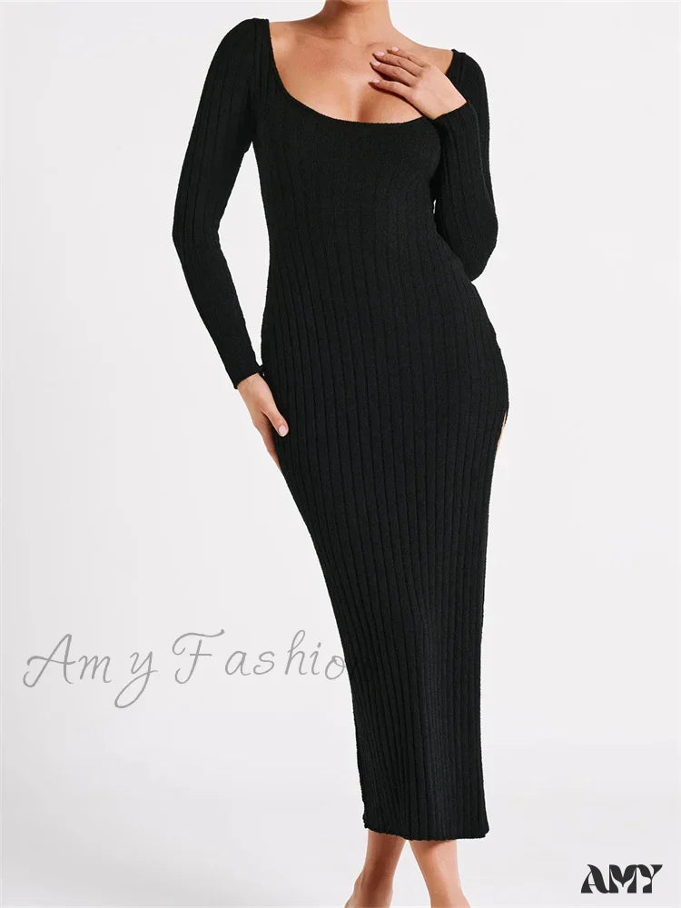 Daily Deals Amy Fashion - Women Knitted Bodycon Solid Color Ribbed Round Neck Sleeve Side Split Spring Fall Vestidos Daily Deals Amy Fashion - Women Knitted Bodycon Solid Color Ribbed Round Neck Sleeve Side Split Spring Fall Vestidos
