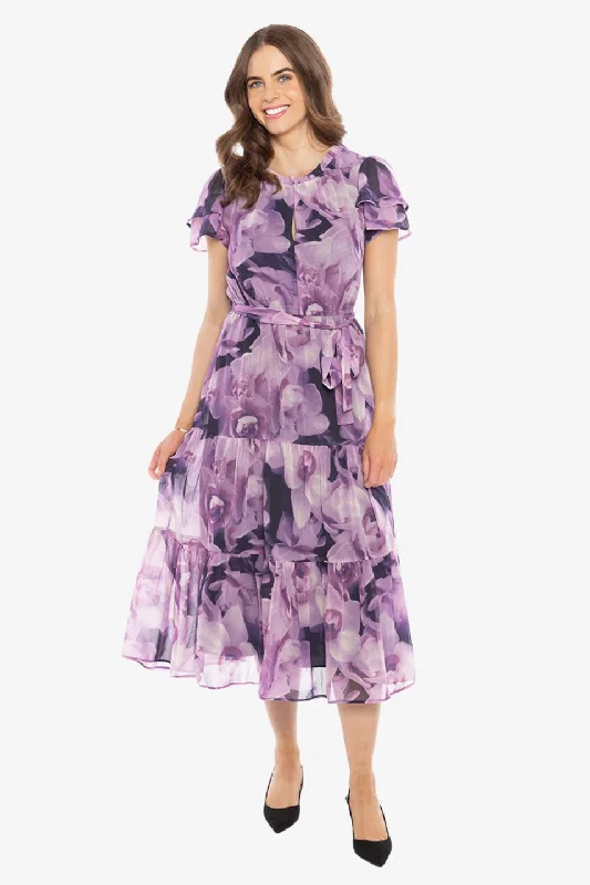 Trendy Women's Wear Collection Cruise Purple Poppies SS Frill Sleeve Maxi