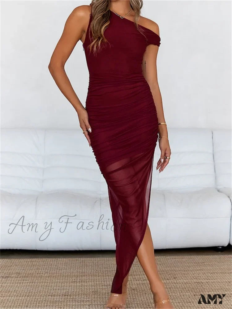 Flash Sale Starts Amy Fashion - Women Mesh Off Shoulder Solid Color Asymmetrical Hem Sleeveless Ruched Bodycon Party Female Vestidos Flash Sale Starts Amy Fashion - Women Mesh Off Shoulder Solid Color Asymmetrical Hem Sleeveless Ruched Bodycon Party Female Vestidos