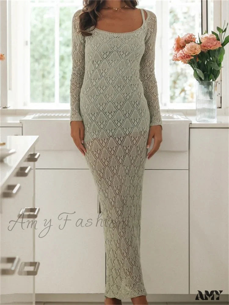 Evening Looks Amy Fashion - Women Bodycon Lace See Through Hollow Out O-neck Sleeve Back Split Party Female Vestidos Evening Looks Amy Fashion - Women Bodycon Lace See Through Hollow Out O-neck Sleeve Back Split Party Female Vestidos