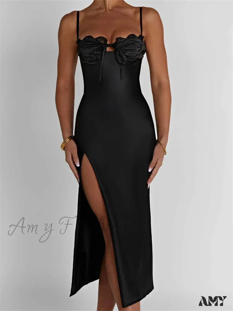 Massive Selection Sale Amy Fashion - Sexy Women Ruched Lace Low Cut Sleeveless Spaghetti Strap High Split Evening Front Tie-up Vestidos Massive Selection Sale Amy Fashion - Sexy Women Ruched Lace Low Cut Sleeveless Spaghetti Strap High Split Evening Front Tie-up Vestidos