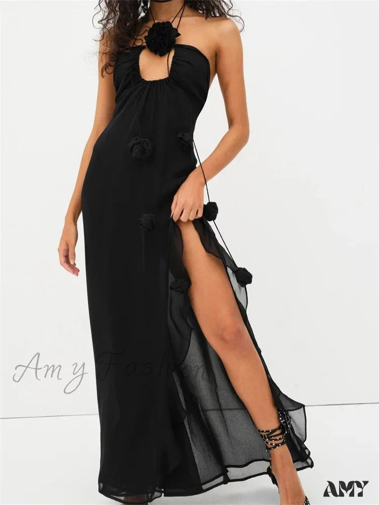Urban Sophistication Amy Fashion - Women 3D Flowers Patchwork Halter Sleeveless Backless High Split Asymmetrical Hem Ruffles Vestidos Urban Sophistication Amy Fashion - Women 3D Flowers Patchwork Halter Sleeveless Backless High Split Asymmetrical Hem Ruffles Vestidos
