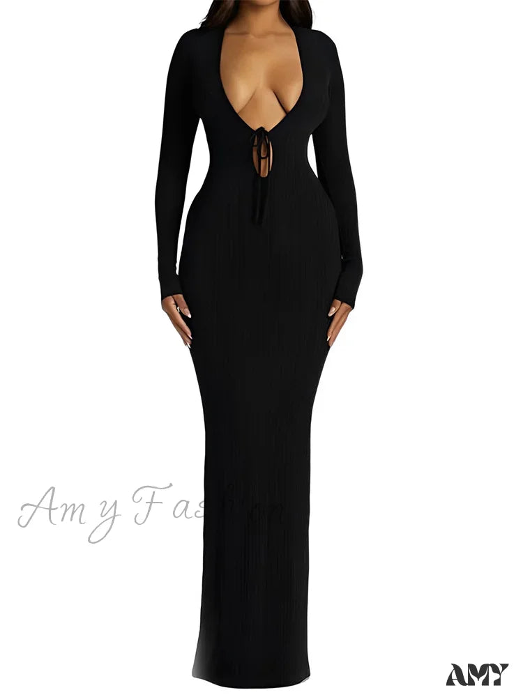 Signature Style Essentials Amy Fashion - Women Ribbed Bodycon Solid Color Low-Cut V-neck Tie-Up Sleeve Spring Autumn Party Vestidos Signature Style Essentials Amy Fashion - Women Ribbed Bodycon Solid Color Low-Cut V-neck Tie-Up Sleeve Spring Autumn Party Vestidos