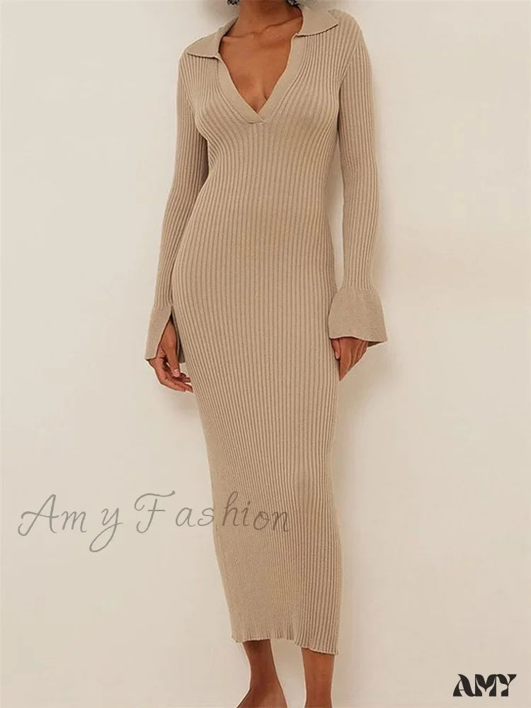 Comfort First Women's Fashion Amy Fashion - Women Ribbed Knitted Flare Sleeve Lapel Solid Color Bodycon Party Going Out Female Vestido Comfort First Women's Fashion Amy Fashion - Women Ribbed Knitted Flare Sleeve Lapel Solid Color Bodycon Party Going Out Female Vestido
