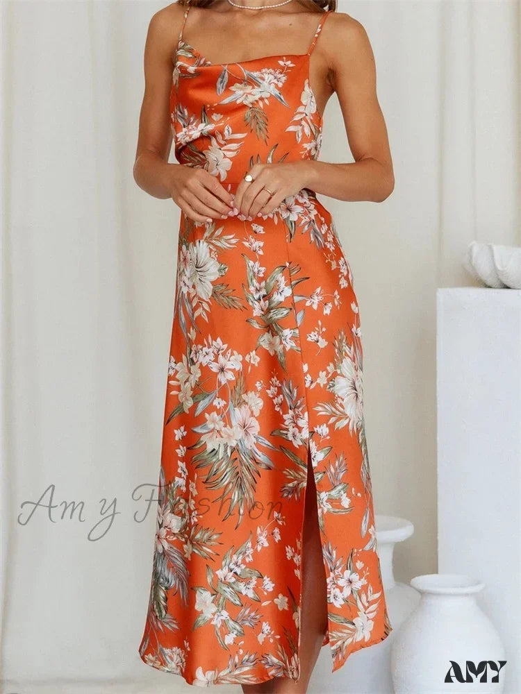 Score Big On Glamorous Red - Carpet Styles Amy Fashion - Women V-neck Floral Print Sleeveless Strap Side Split   for Party Club Wedding Night Female Vestidos
