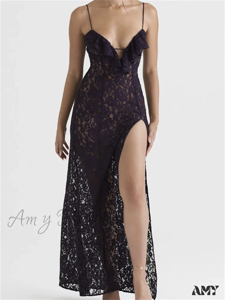 Hot Trends Amy Fashion - Lace Floral See Through for Women Sexy Sleeveless Strap V-neck Ruffles Patchwork High Split Vestidos Hot Trends Amy Fashion - Lace Floral See Through for Women Sexy Sleeveless Strap V-neck Ruffles Patchwork High Split Vestidos
