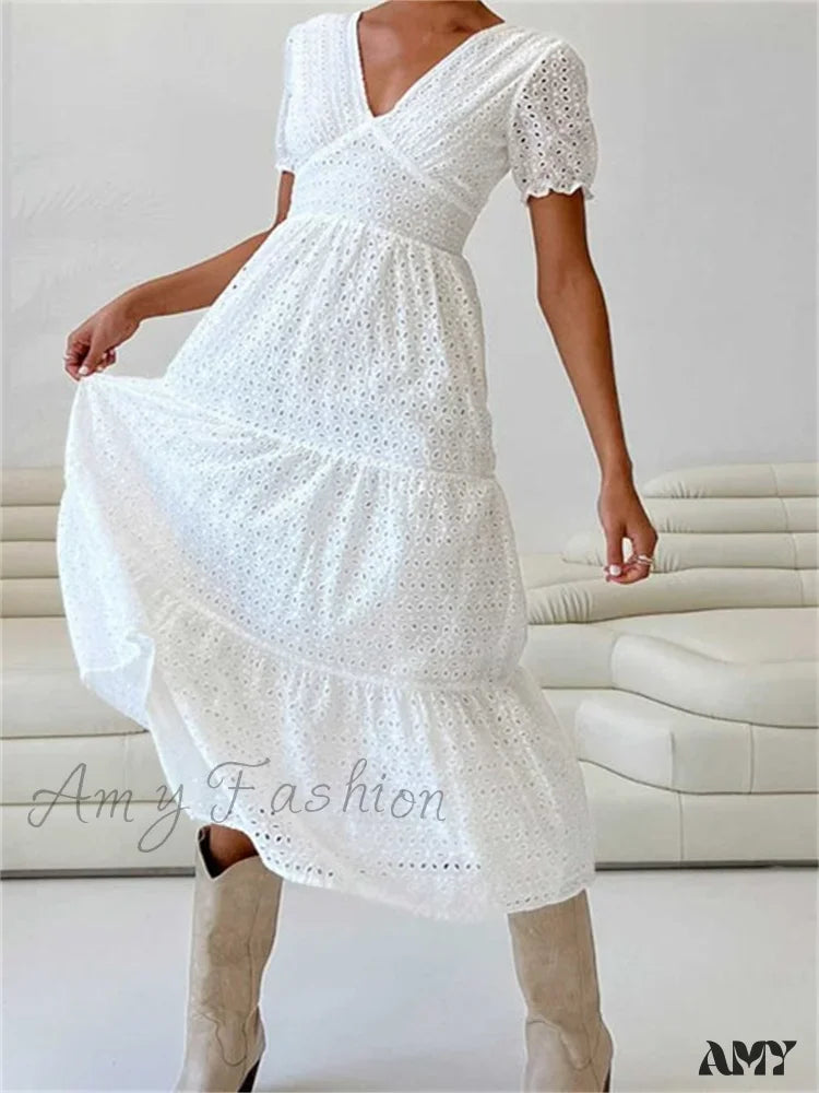 Fast Fashion Favorites Amy Fashion - Elegant Women Summer Short Sleeve A-Line Solid V-neck Lace Floral Backless Tie-up  Party Vestido