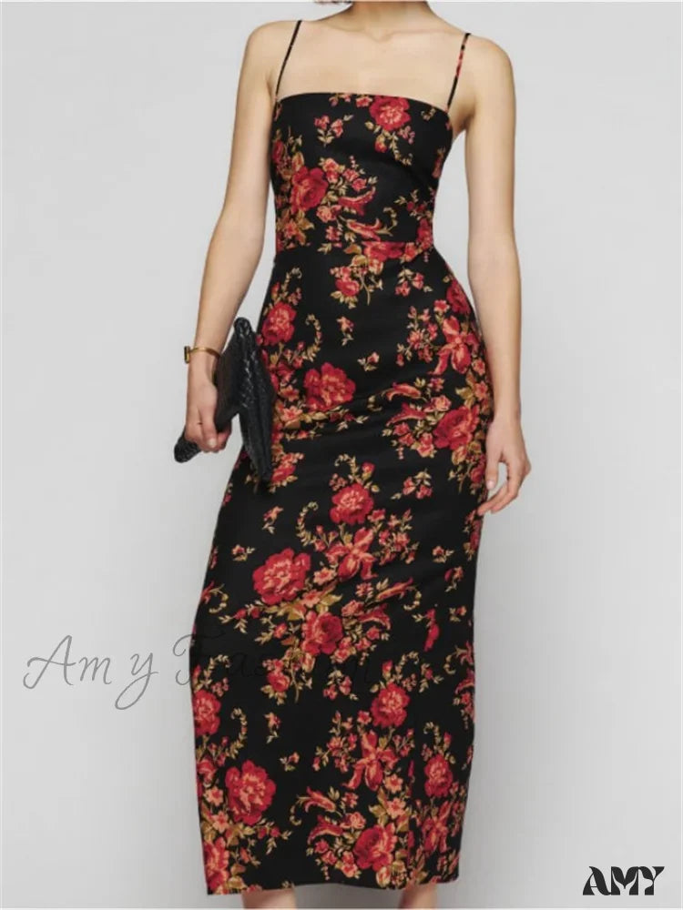 Early Access To Art Deco Styles Sale Amy Fashion - Vintage Floral Print for Women Sleeveless Spaghetti Strap Simmer Back Split Cocktail Party Vestidos Early Access To Art Deco Styles Sale Amy Fashion - Vintage Floral Print for Women Sleeveless Spaghetti Strap Simmer Back Split Cocktail Party Vestidos