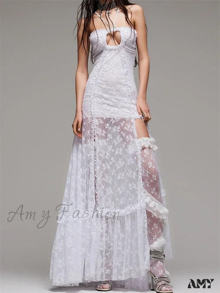 Exclusive Designer Collection Amy Fashion - Lace Floral Halter Tie-up Off Shoulder for Women Mesh See Through High Split Hollow Out Vestido Exclusive Designer Collection Amy Fashion - Lace Floral Halter Tie-up Off Shoulder for Women Mesh See Through High Split Hollow Out Vestido