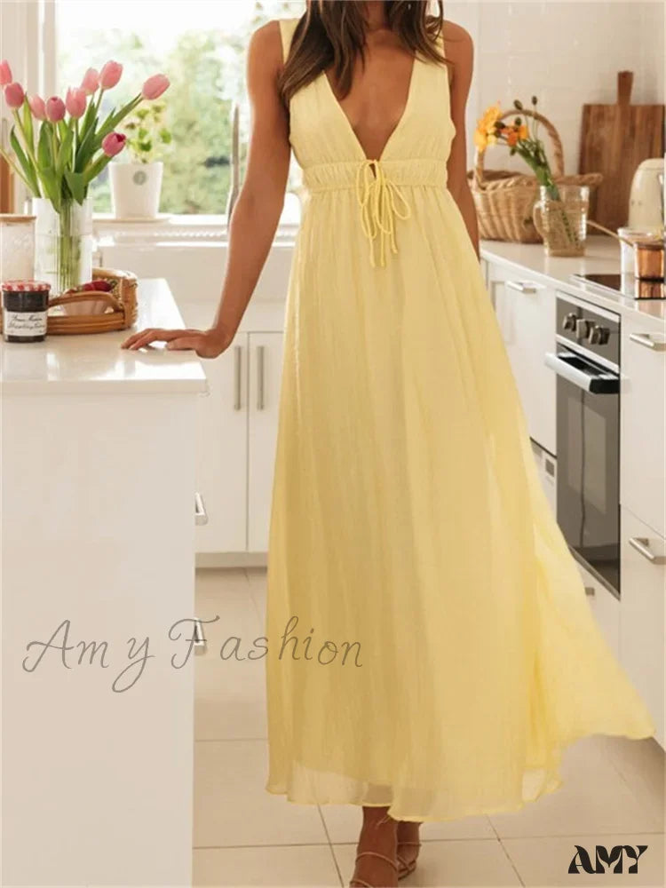 Wardrobe Refresh Amy Fashion - Retro Women Evening Party Solid Color Sleeveless Deep V-Neck Front Tie-up Formal Female Vestido Wardrobe Refresh Amy Fashion - Retro Women Evening Party Solid Color Sleeveless Deep V-Neck Front Tie-up Formal Female Vestido