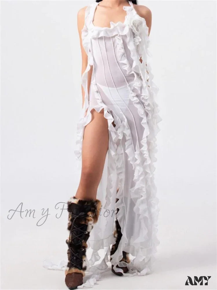 Chic And Trendy Amy Fashion - Women 3D Floral Tassels Ruffles Sheer Mesh See Through Y2K Off Shoulder Backless Sexy Vestidos Clubwear Chic And Trendy Amy Fashion - Women 3D Floral Tassels Ruffles Sheer Mesh See Through Y2K Off Shoulder Backless Sexy Vestidos Clubwear